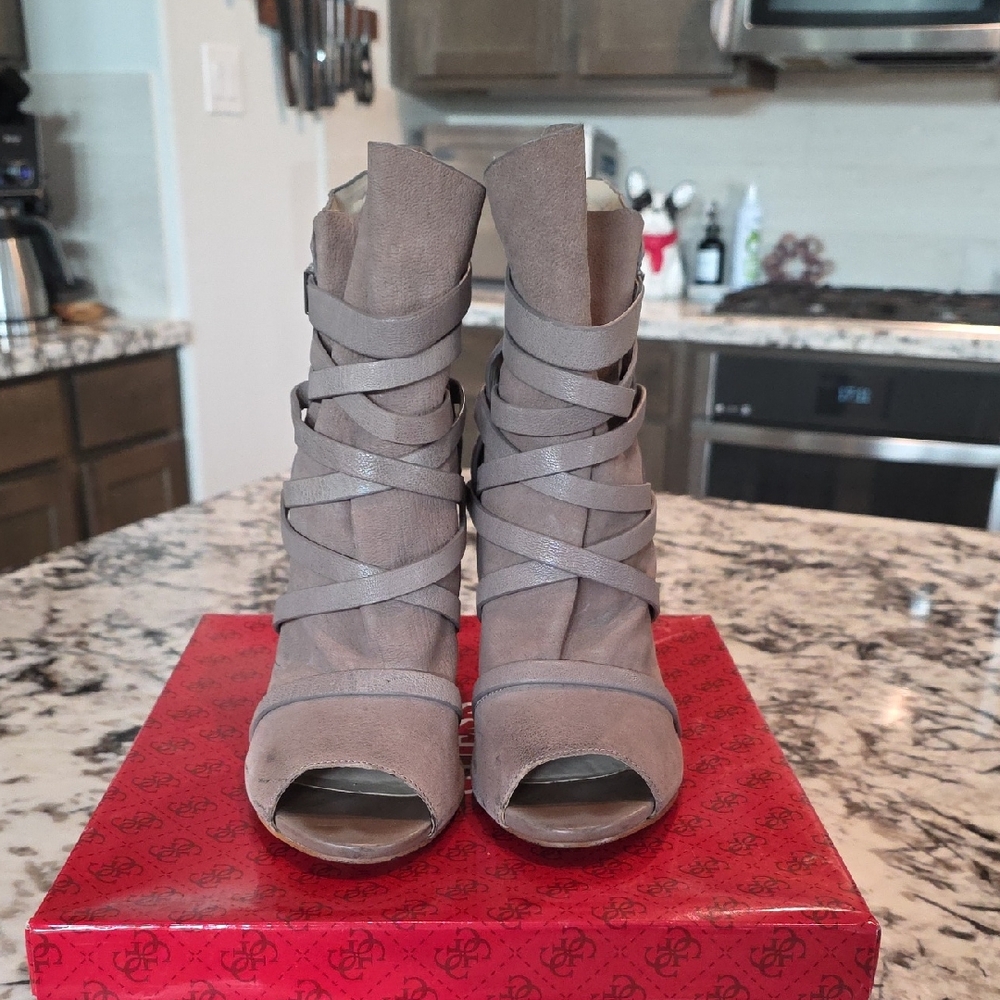 Stylish taupe GUESS brand Peep-Toe Ankle Boots